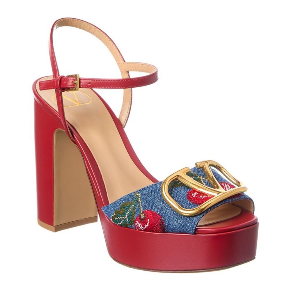 Valentino Vlogo Signature Cherryfic 115 Denim & Leather Platform Sandal, Blue